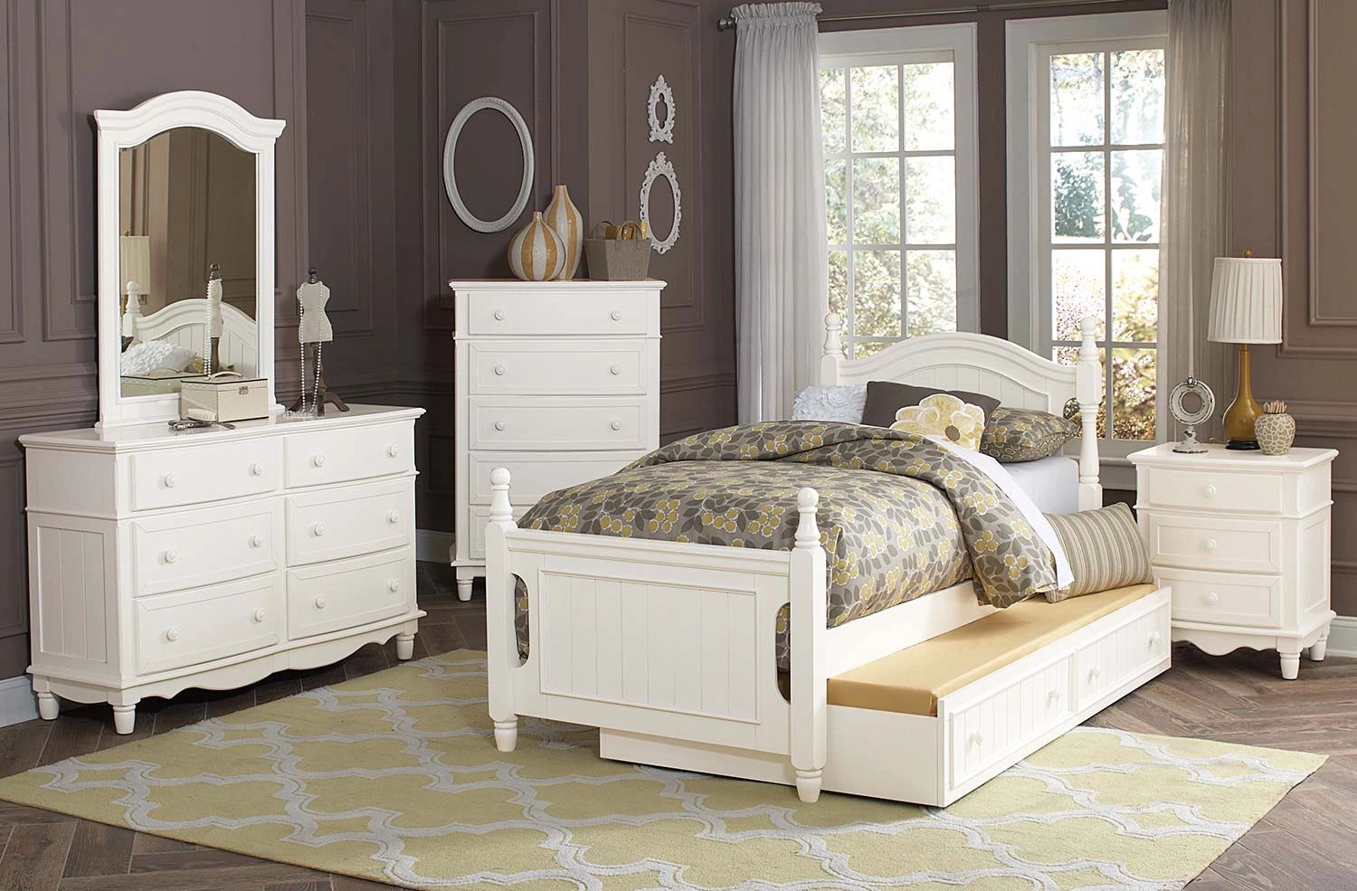 Item Name: Clementine BED+TRUNDLE 
Color: White
Material: Wood
 Dresser, Mirror,  Night stand, Chest