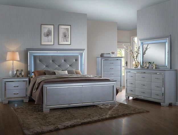 Lillian Bed Set Grey Color, LED Light
(King or Queen Bed, Dresser, Mirror, Night Stand, Chest)