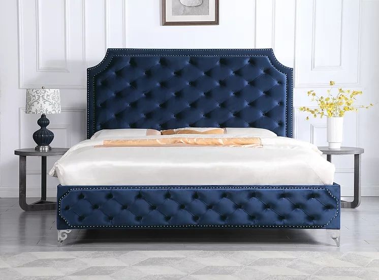 King Or Queen Bed only 
color: Blue
Material: Velvet, with Nailhead Trim