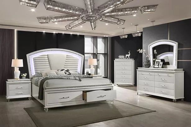 Valencia Bed Set White Color, LED light
(King or Queen Bed, Dresser, Mirror, Night Stand, Chest)