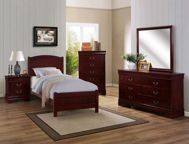 Item Name: Helene 
Color: Cherry 
Material: Wood
Twin Bed, Dresser, Mirror, Night stand, chest.