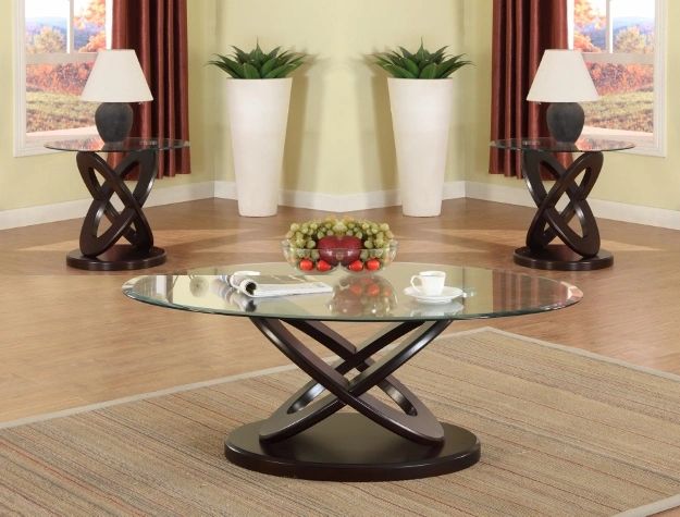 NAME: CYCLONE (Set of 3)
Cocktail table (1)
End table (2)
Color: Espresso 
Material: Wood & Glass