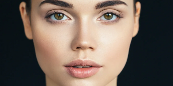 Close-up portrait of a young woman with flawless skin and green eyes.
