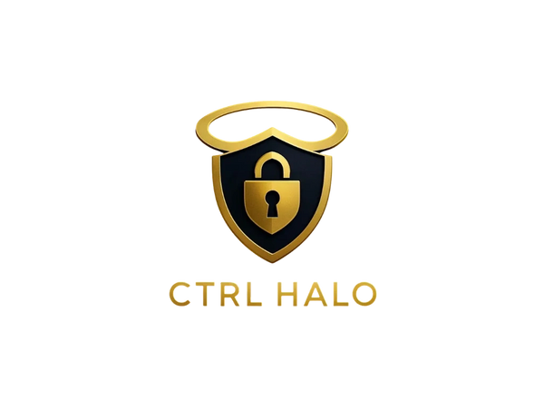 Golden shield with a lock and halo, text 'CTRL HALO'.