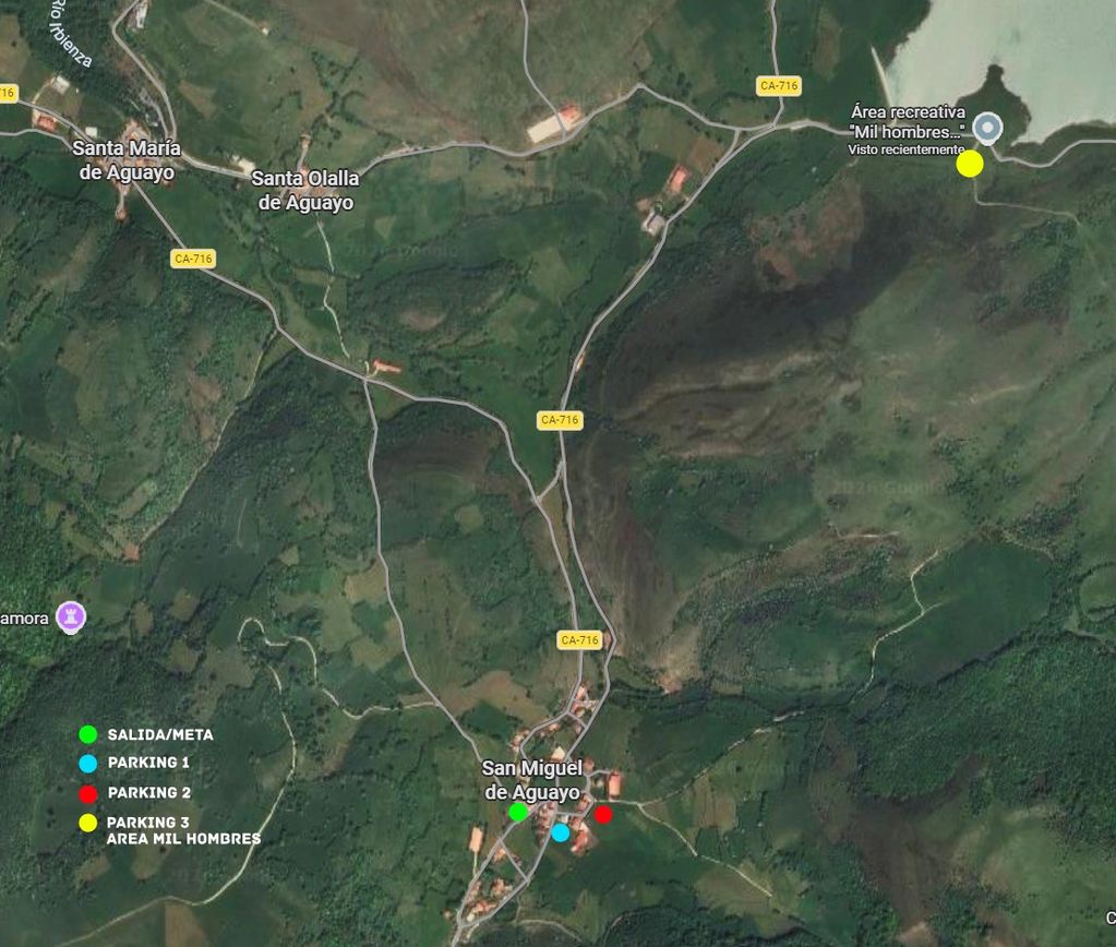 Map highlighting parking and start/finish points around San Miguel de Aguayo.