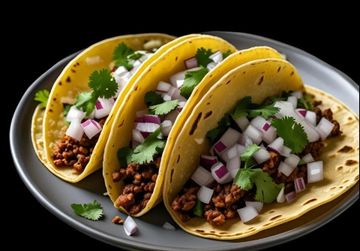 Three tacos filled with seasoned meat, onions, and cilantro on a plate.