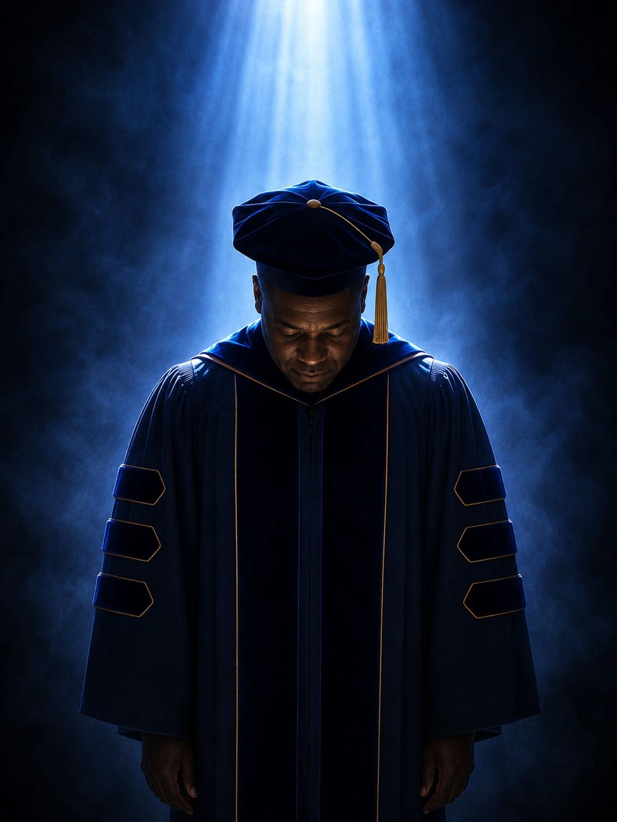 Graduate in academic regalia under spotlight