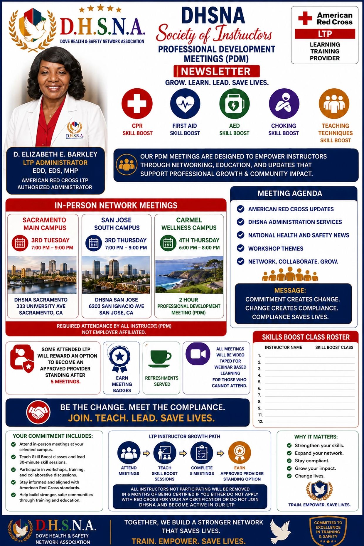 DHSNA newsletter promoting professional development meetings and skill boost sessions across multiple campuses.