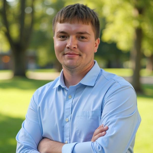 Young man in blue shirt with arms crossed.