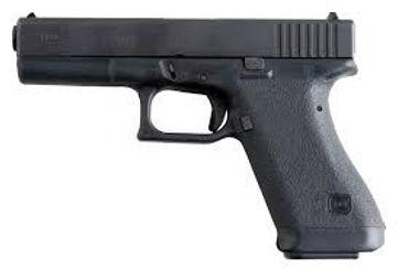 Black semi-automatic handgun with textured grip.