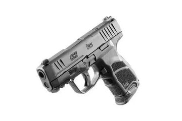 Black semi-automatic handgun on white background.