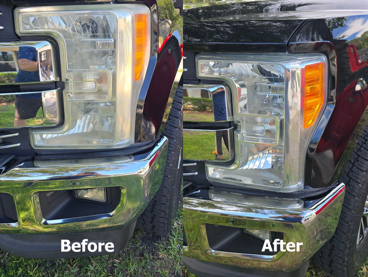 Comparison of a truck headlight before and after cleaning.
