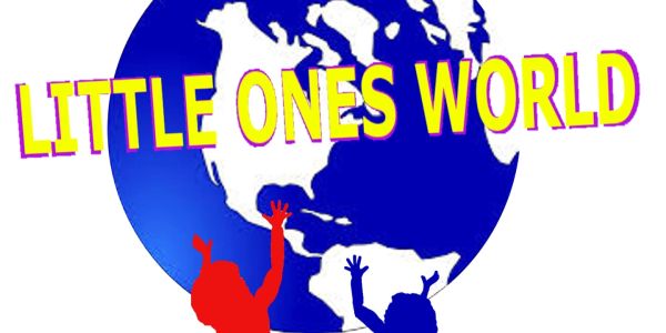 Silhouettes of children reaching up in front of a blue globe with the text 'LITTLE ONES WORLD'.