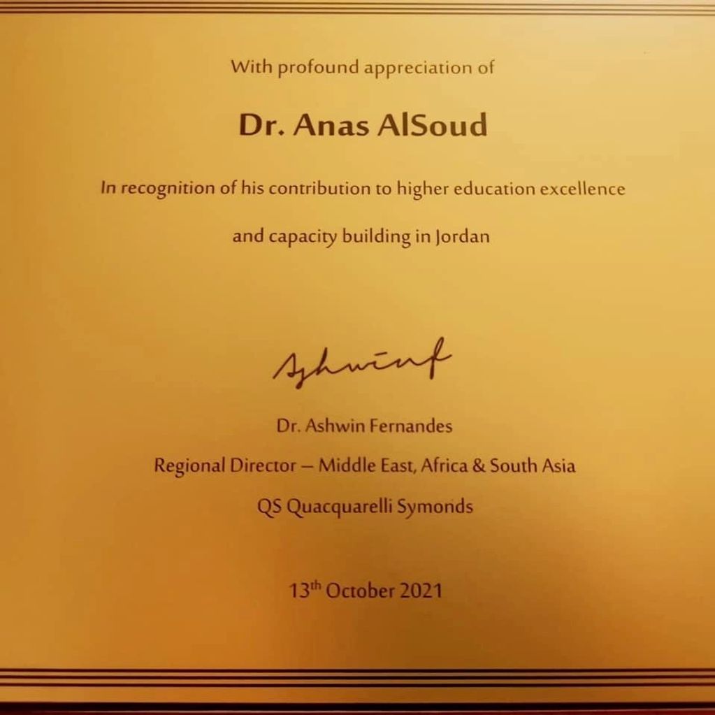 QS recognizing Prof. Anas Alsoud for his contribution to higher education excellence in Jordan