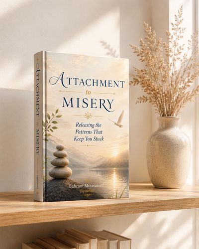Book titled 'Attachment to Misery' on a wooden shelf with a vase and dried flowers.