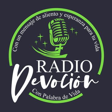 Logo for Radio Devoción with a green microphone and hopeful message in Spanish.