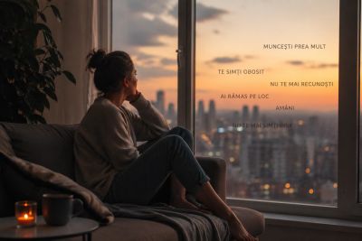 A woman staring out a window at sunset with Romanian text overlay.