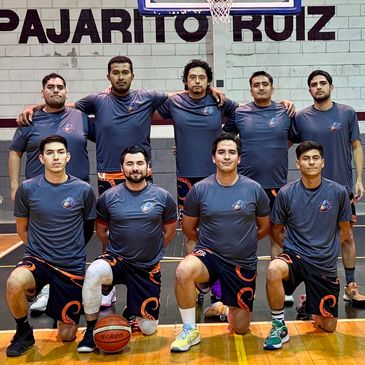 Men's basketball team posing on court under a hoop.