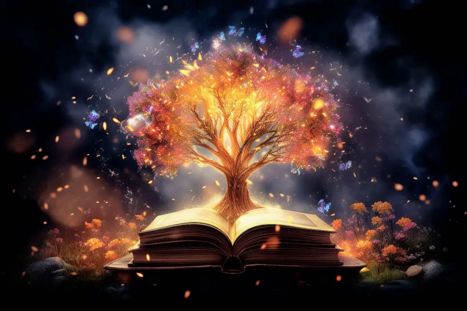 A glowing tree emerges from an open book, surrounded by butterflies and sparkles.