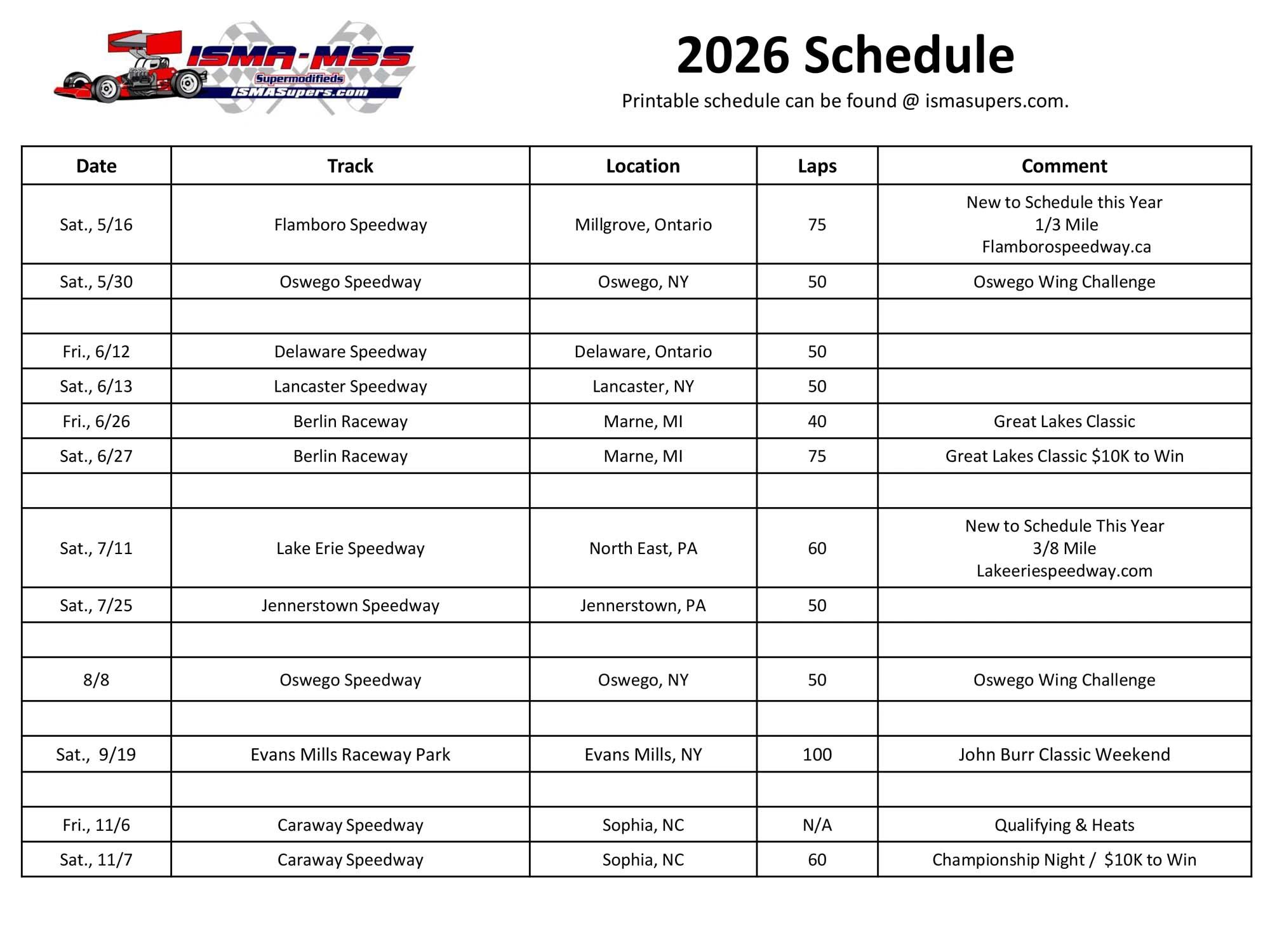 2026 ISMA/MSS Schedule Released