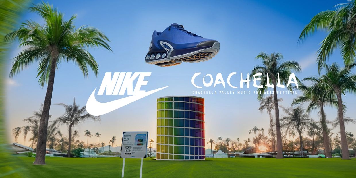 Nike sneaker floating above Coachella festival grounds.
