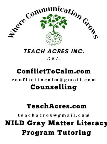 Logo and contact info for Teach Acres Inc., promoting communication, counseling, and literacy tutoring.