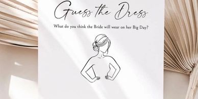 A wedding dress guess game poster with a bride illustration.