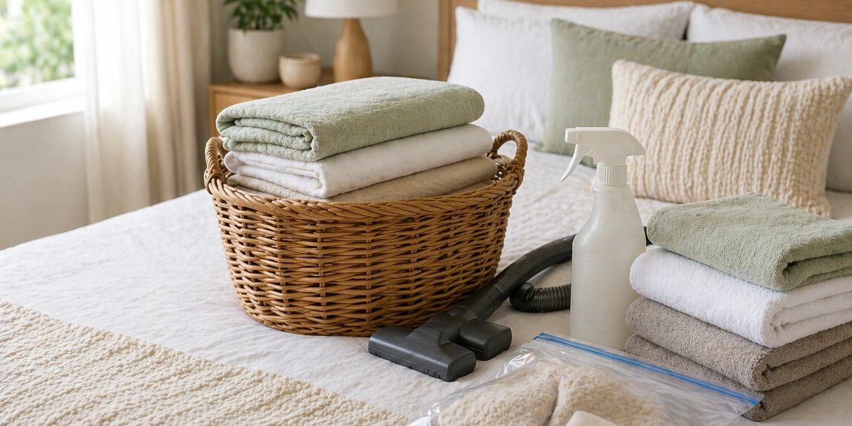 Neatly folded towels in a basket on a bed with cleaning supplies.
