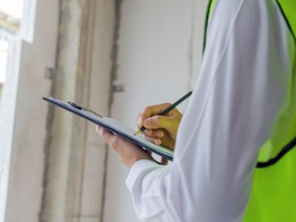 man wearing a hi-vis while writting down notes on a clipboard