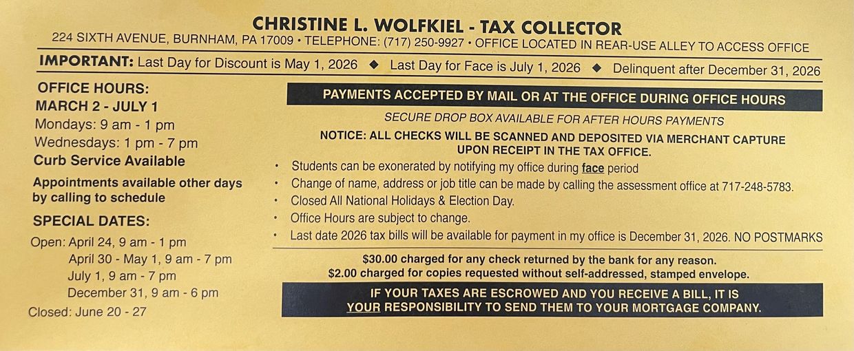 Tax collector office hours, payment instructions, and special dates for 2026.