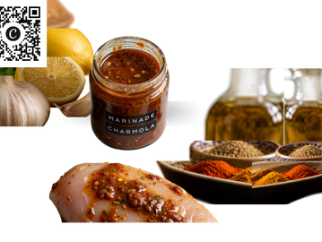 Charred marinade jar with raw chicken and spices.