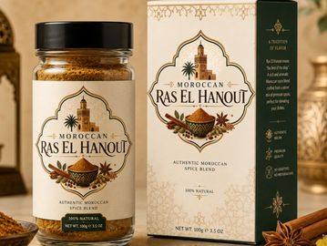 Jar and box of Moroccan Ras El Hanout spice blend.