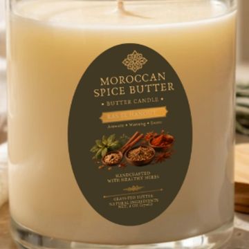 Moroccan Spice Butter scented candle in a glass jar.