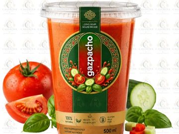 Container of gazpacho cold soup with fresh ingredients.