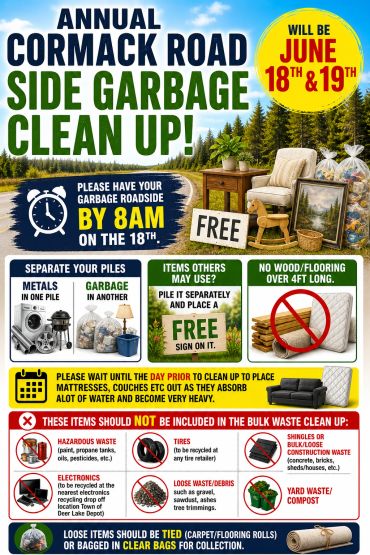 Annual Cormack Road side garbage clean up on June 18-19, free and organized with specific sorting instructions.