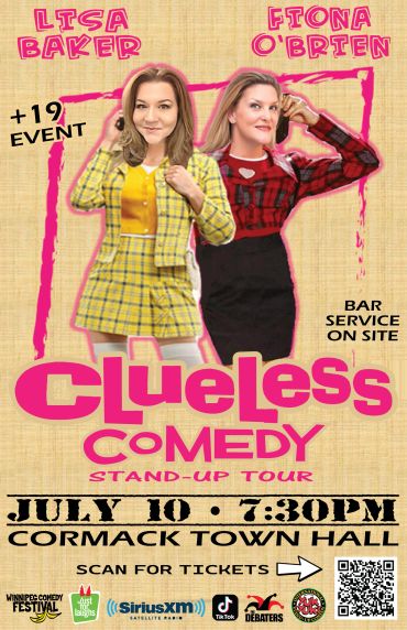 Comedy show poster featuring Lisa Baker and Fiona O'Brien for Clueless Comedy Stand-Up Tour.