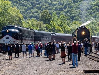 Group of people watching two approaching trains.