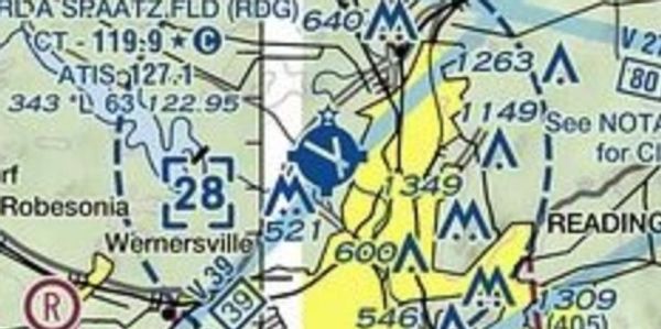 Blue, yellow, and burgundy NOTAM map including Reading. 