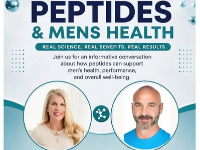 Informative poster on peptides and men's health with expert photos.