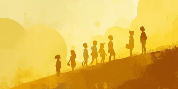 Silhouettes of children walking uphill against a warm yellow background.