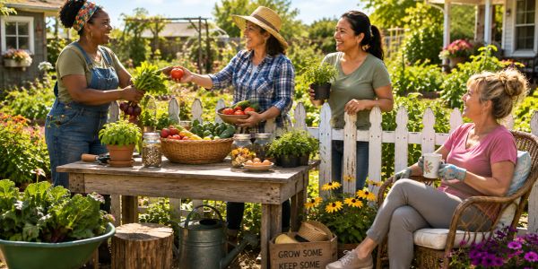 Four women enjoy gardening and fresh produce in a backyard garden.