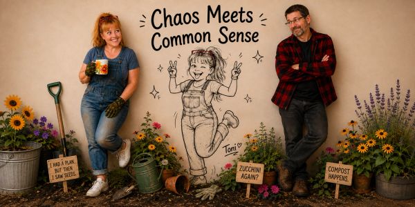 Two gardeners stand by flowers with playful signs about plans and compost.