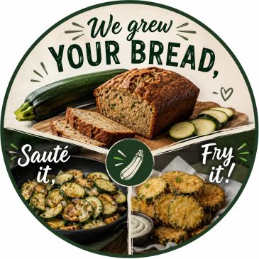Zucchini bread and cooked zucchini slices with text instructions.