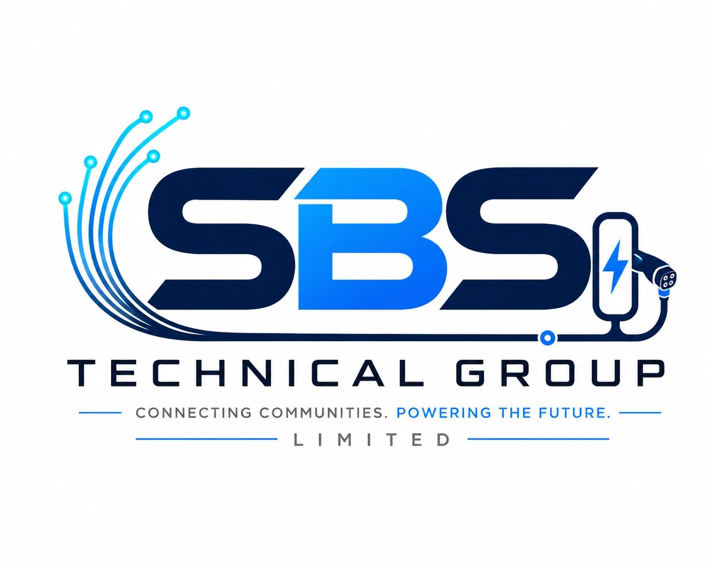 Logo of SBS Technical Group with electric and fiber optic design elements.