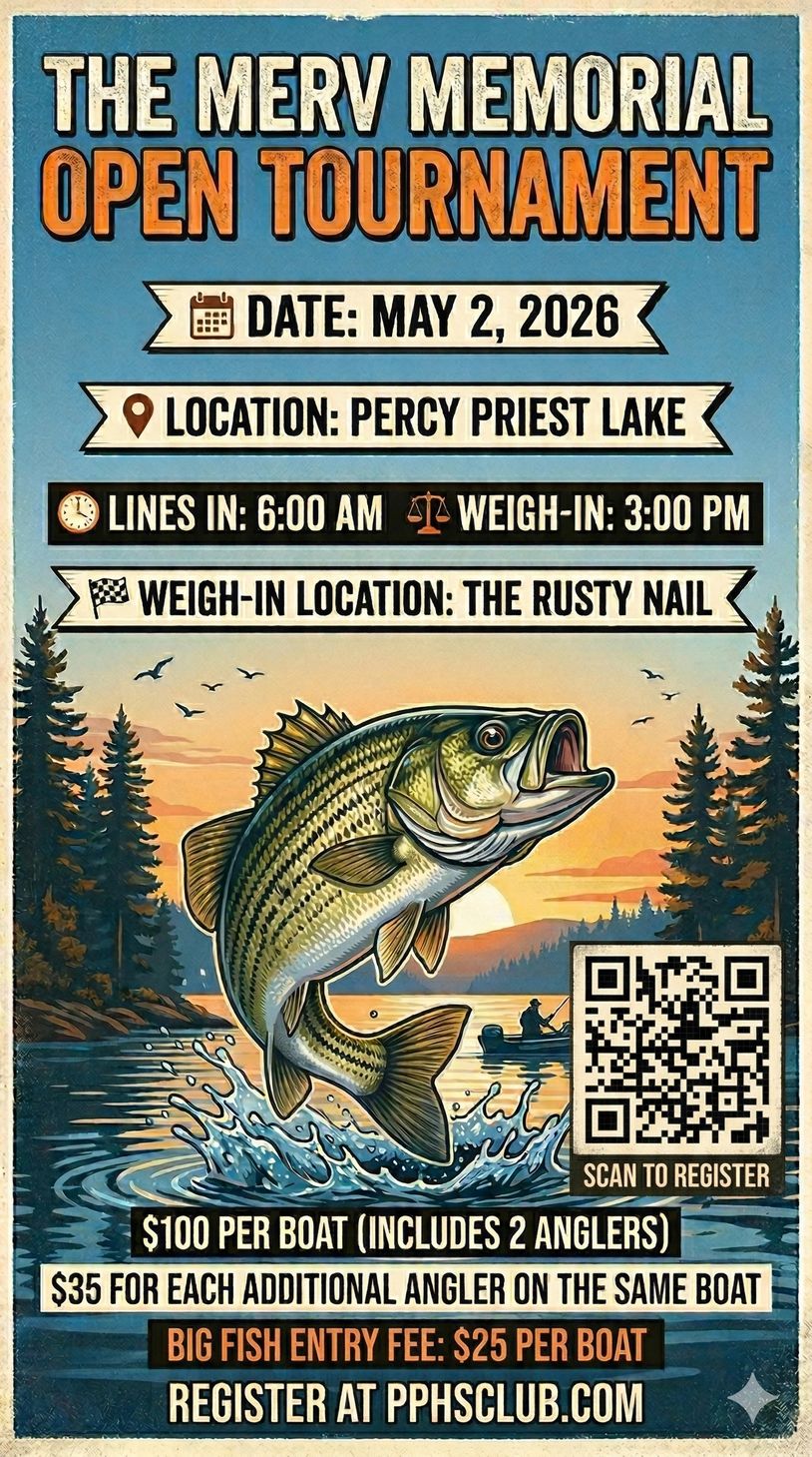 Flyer for the Merv Memorial Open Tournament fishing event on May 2, 2026, at Percy Priest Lake.