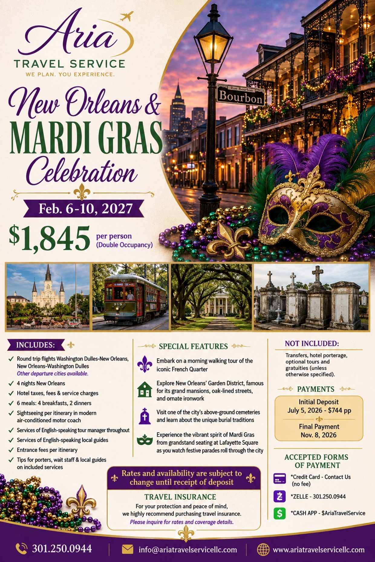 Aria Travel Service offers a New Orleans Mardi Gras package, Feb 6-10, 2027, $1,845 per person.