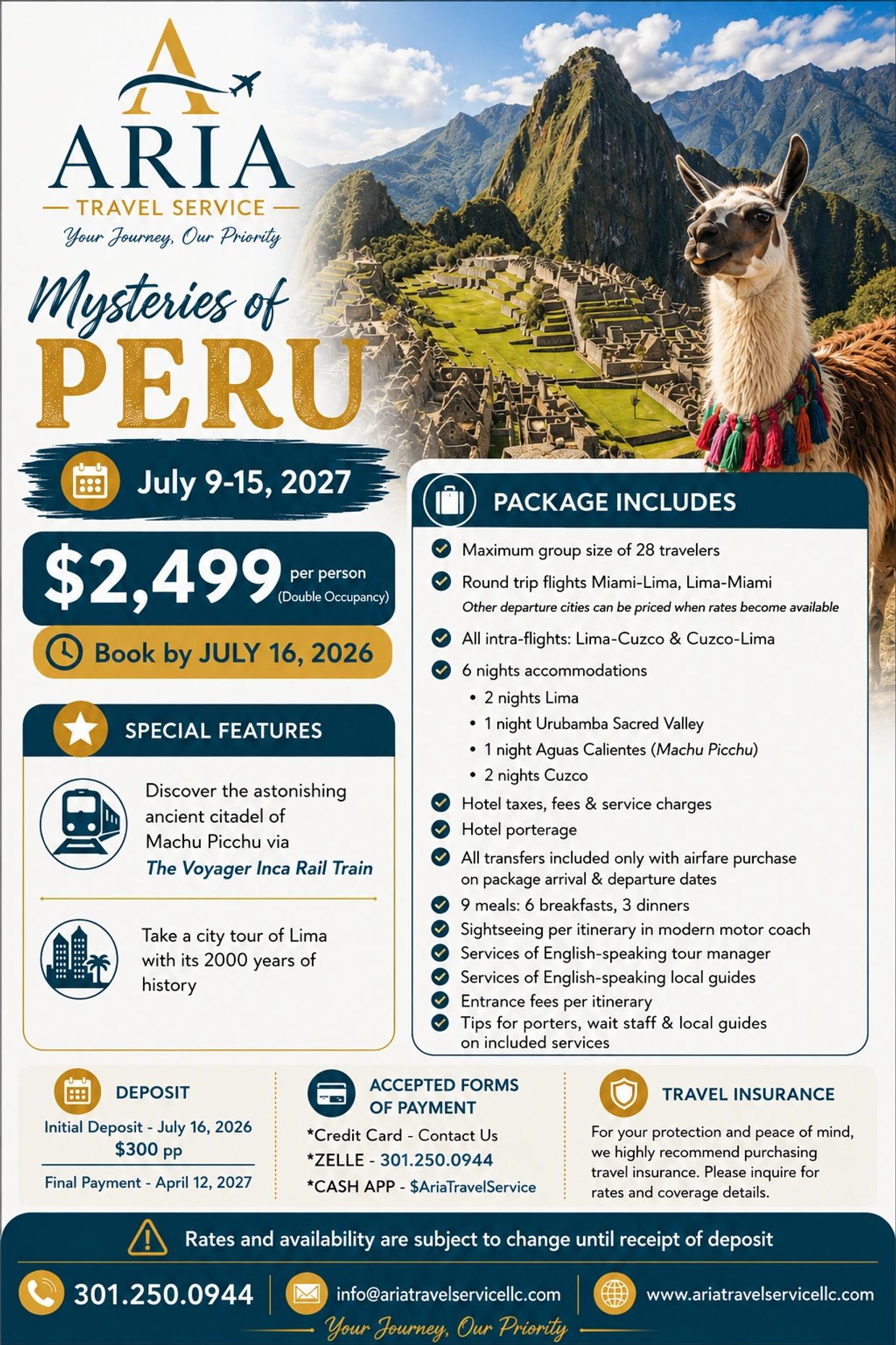 Travel package to Peru including Machu Picchu tour, flights, and accommodations for $2,499 per person.