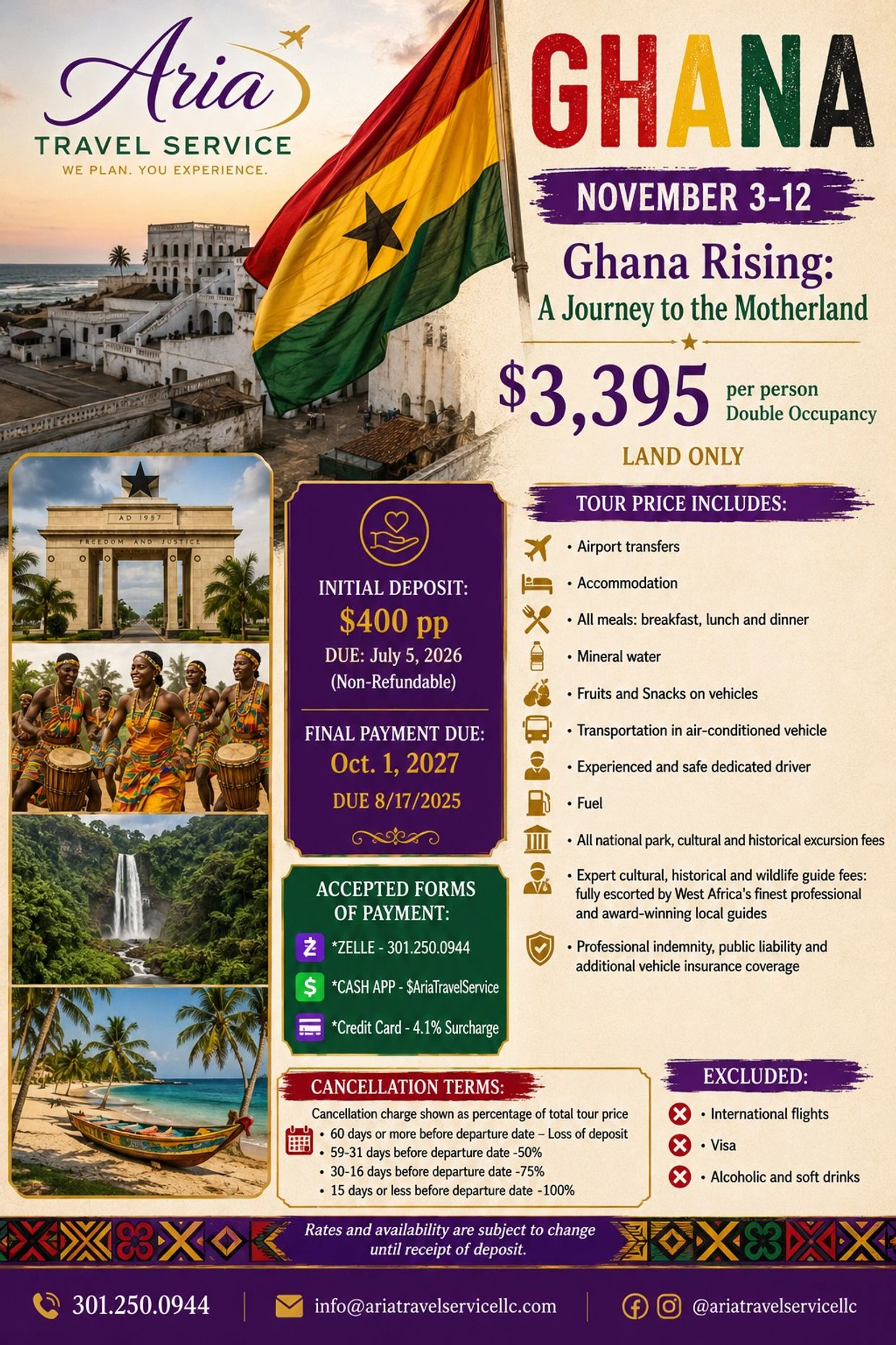 Travel package to Ghana with Aria Travel Service from November 3-12 for $3,395 per person.