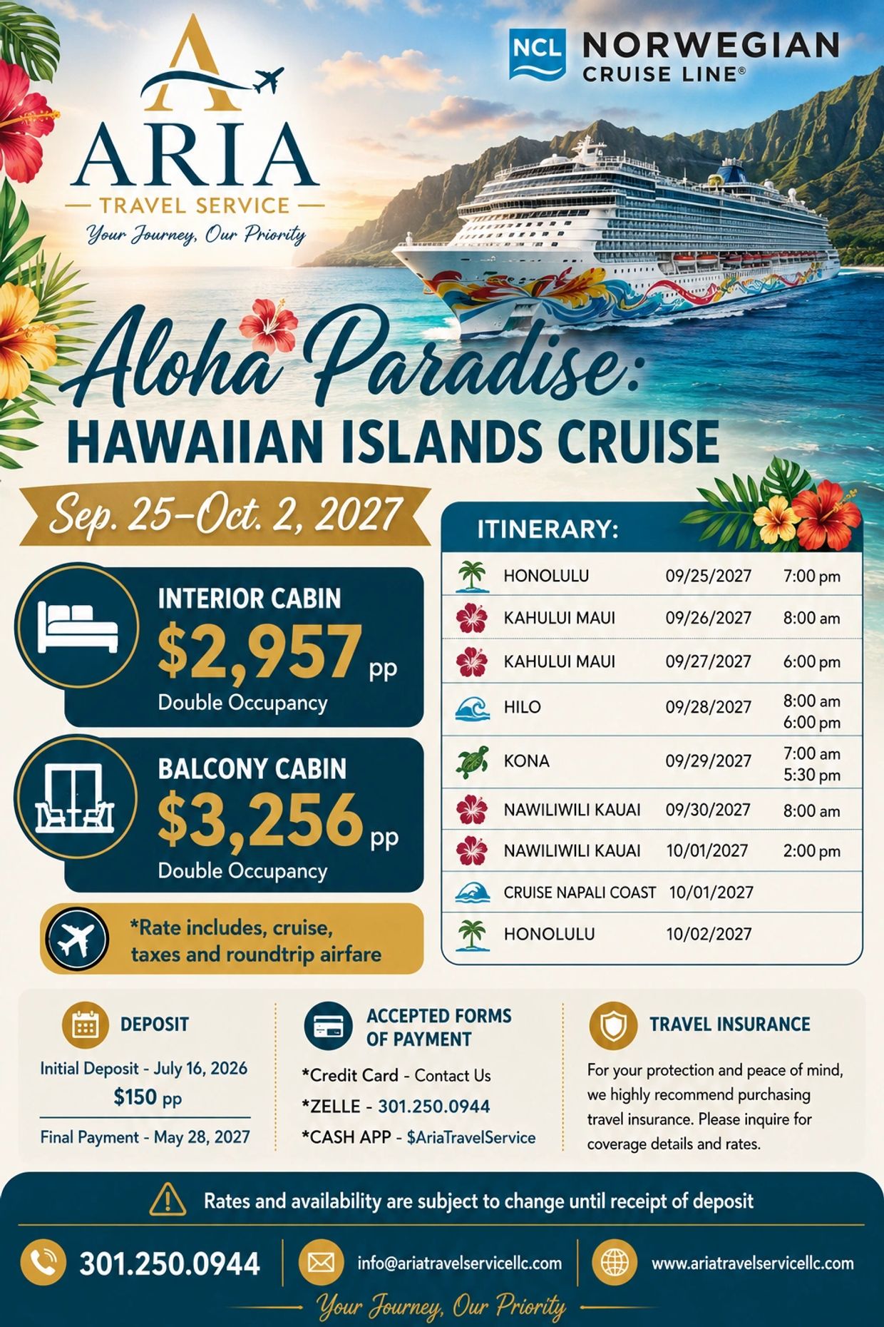Aloha Paradise Hawaiian Islands Cruise by Aria Travel Service with itinerary and pricing details.
