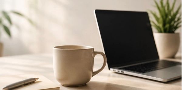 A cozy workspace with a coffee mug and laptop.